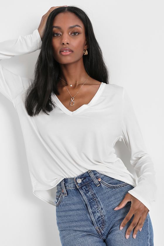 White Long Sleeve Top Vneck Top White Basic Tee Lulus