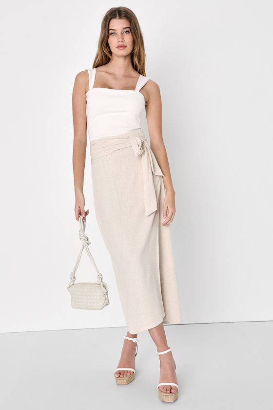 Beige Midi Skirt Midi Wrap Skirt LinenBlend Skirt Lulus