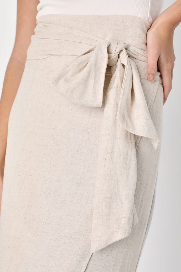 Beige Linen Look Ruched Side Split Leg Midi Skirt