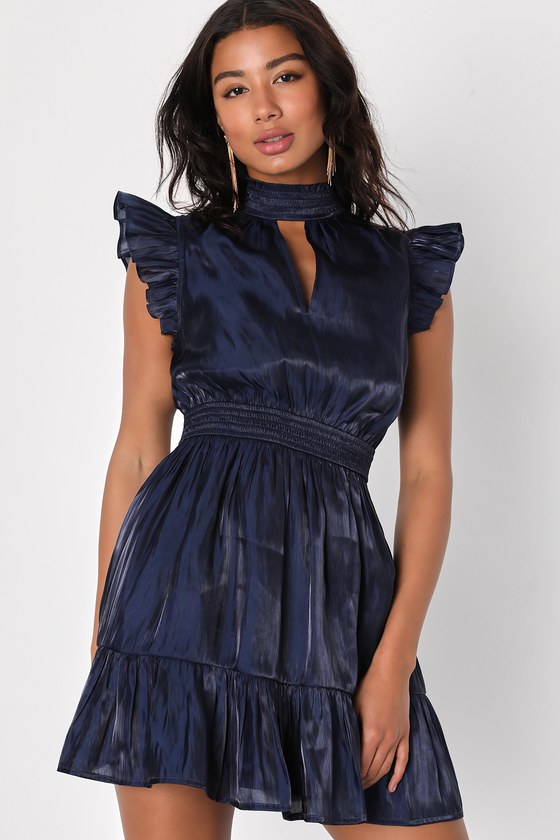 Navy Blue Mini Dress - Smocked Mini Dress - Cute Shiny Mini Dress - Lulus