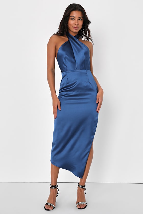 Glamorous Desires Navy Blue Satin Sleeveless Halter Midi Dress 1