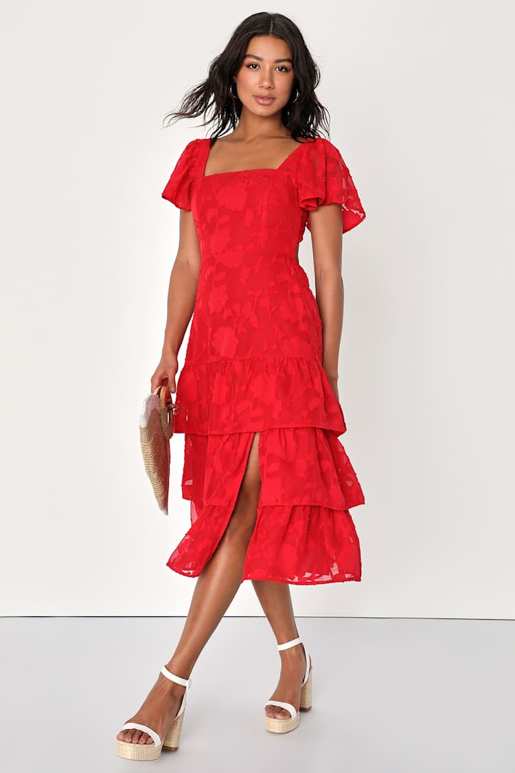 Loveliest Feeling Red Floral Jacquard Tie-Back Midi Dress