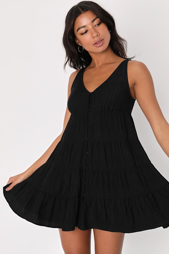 Lulus Endlessly Charming Black Tiered Button-up Babydoll Mini Dress |  ModeSens