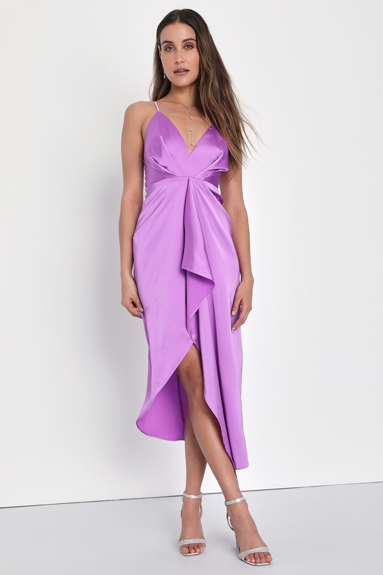 Lulus Caught Feelings Purple Satin Ruffled Midi Dress