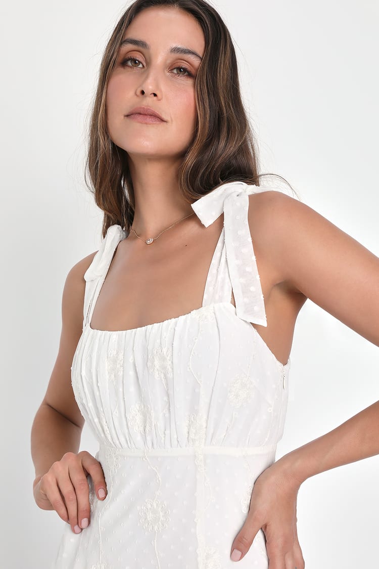 Adorable Approach White Floral Embroidered Tie-Strap Mini Dress