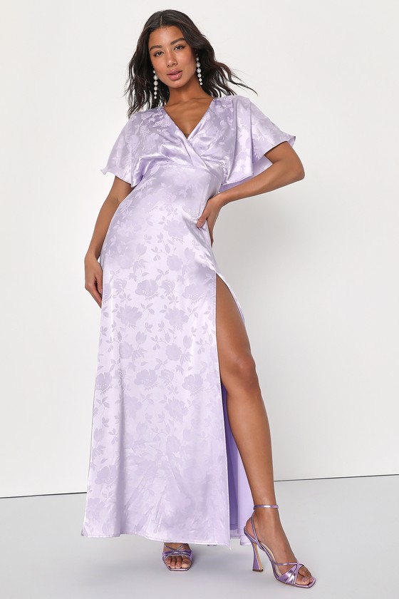 Lulus Lovely Admiration Lavender Satin Floral Jacquard Maxi Dress In Purple