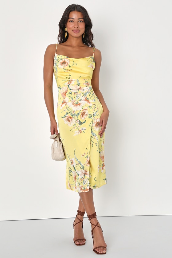 Lulus Sunny Blossom Yellow Satin Floral Print Cowl Neck Midi Dress