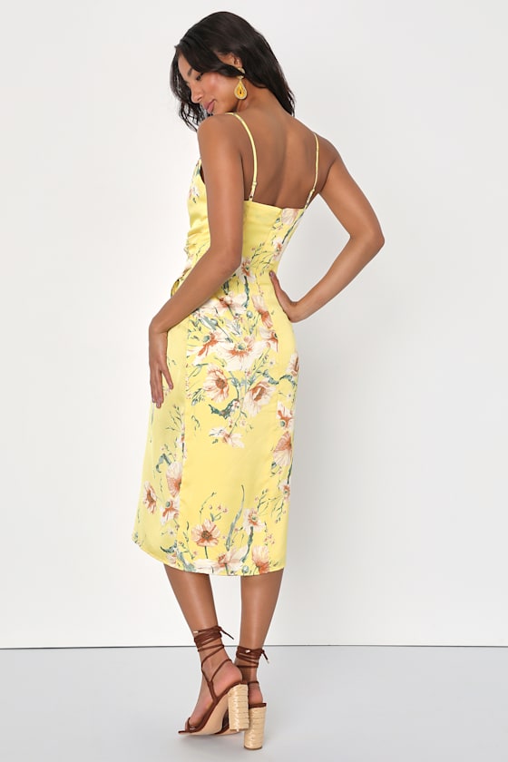 Sunny Blossom Yellow Satin Floral Print Cowl Neck Midi Dress 4