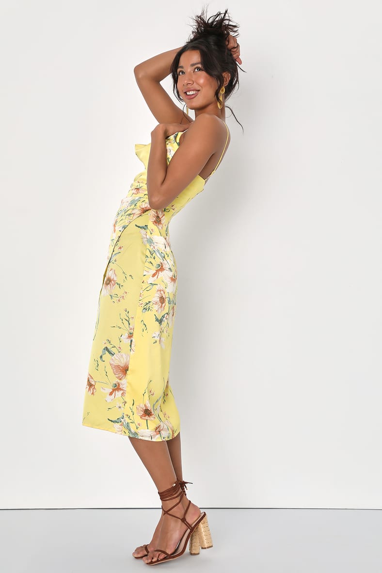 Sunny Blossom Yellow Floral Print Satin Cowl Neck Midi Dress