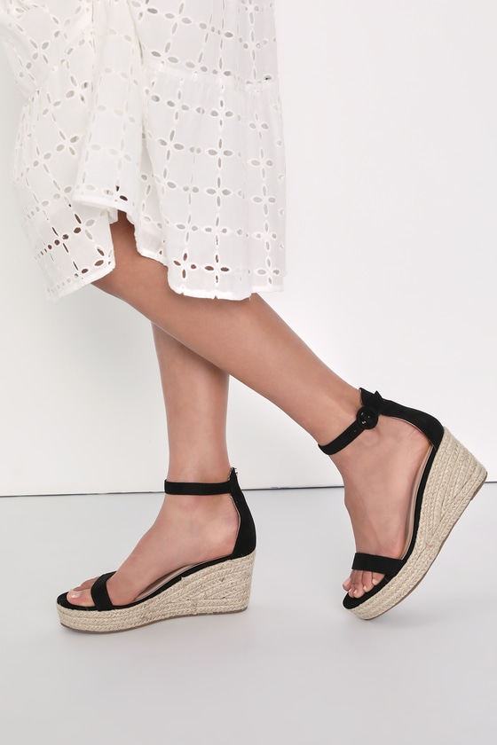 Lulus Waynie Black Suede Platform Espadrille Sandal Heels