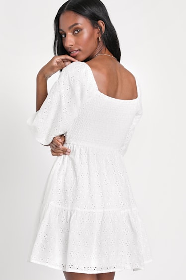 White Eyelet Dress Puff Sleeve Mini Dress White Smocked Dress