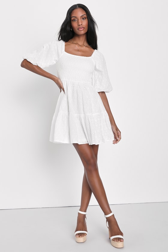 White Eyelet Dress - Puff Sleeve Mini Dress - White Smocked Dress - Lulus