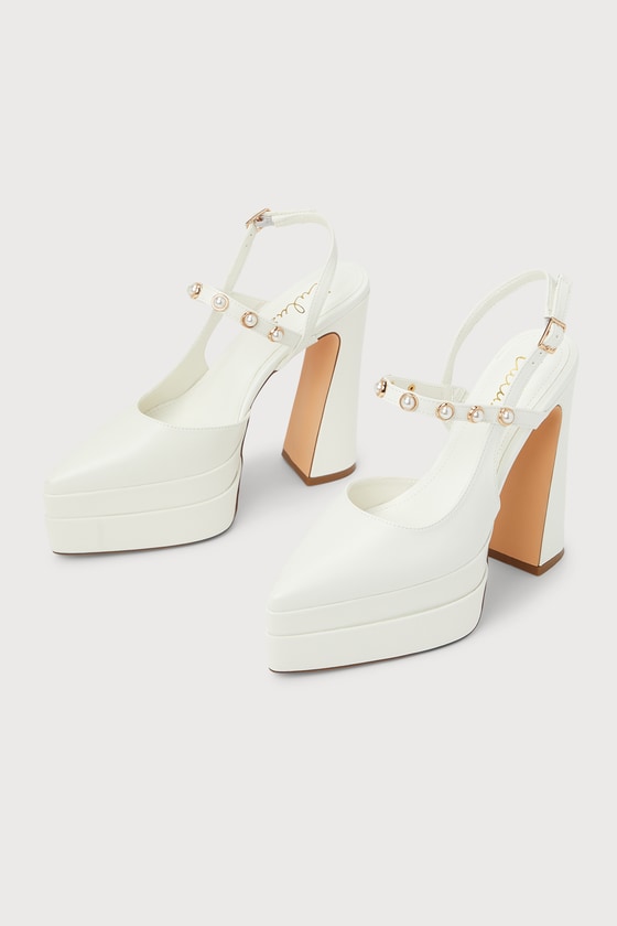 Lulus Dayla White Pearl Double Platform Ankle Strap Pumps