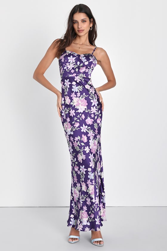 Botanical Beauty Purple Floral Print Satin Bustier Maxi Dress 1