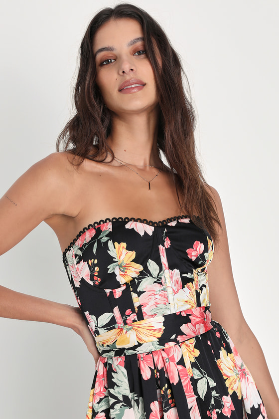 Symphony Black Floral Strapless Bustier Dress