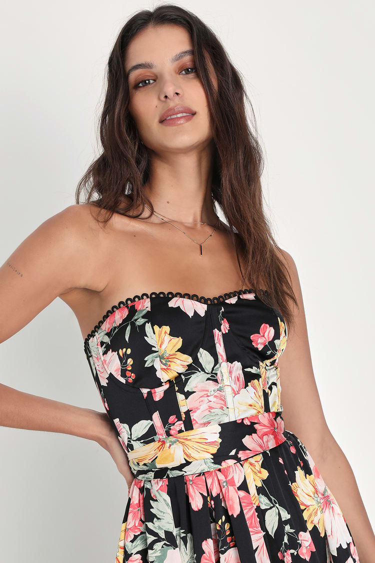 Floral Bustier Dress - Corset Midi Dress - Underwire Midi Dress