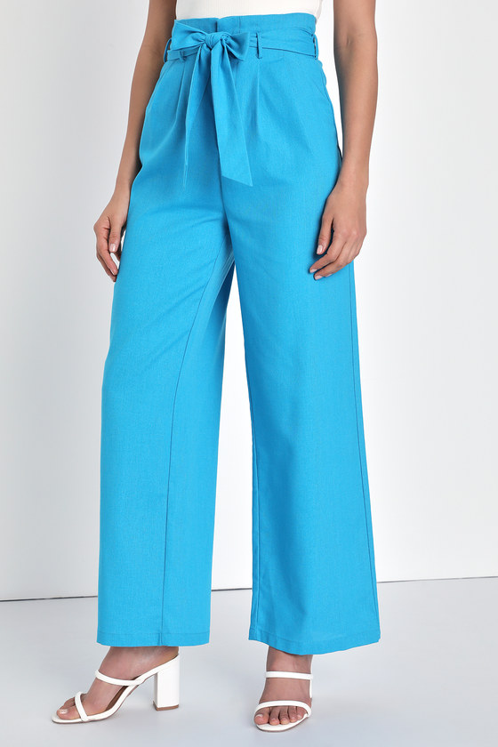 Shop Lulus Modish Moment Turquoise Blue Linen High-waisted Trousers