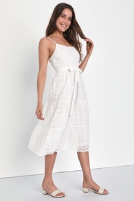 Sunny Life White Eyelet Lace Tiered Tie-Front Midi Dress