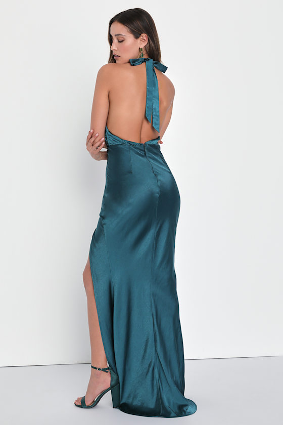 Start of Forever Emerald Satin Halter Mermaid Maxi Dress 1