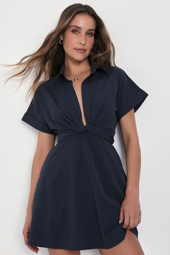 Lulus Breeze By Navy Blue Tie-back Mini Dress With Pockets
