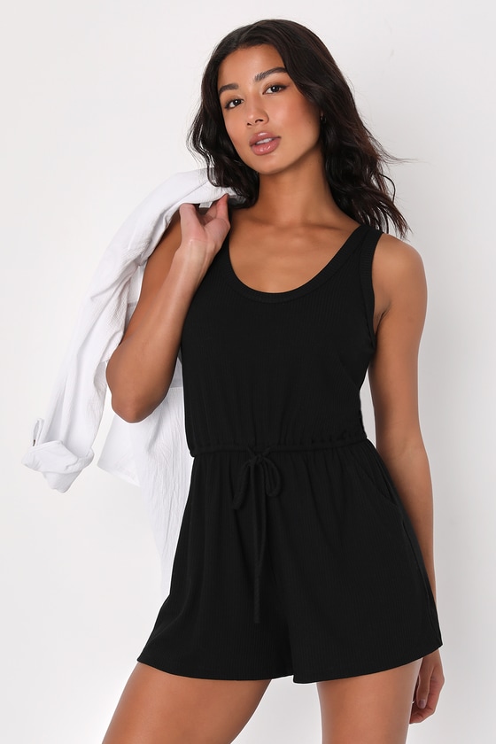 Lulus Laid-back Luck Black Ribbed Knit Drawstring Lounge Romper