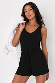Laid-Back Luck Black Ribbed Knit Drawstring Lounge Romper 1