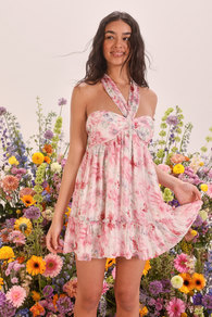Radiantly Sweet White and Pink Floral Halter Mini Dress
