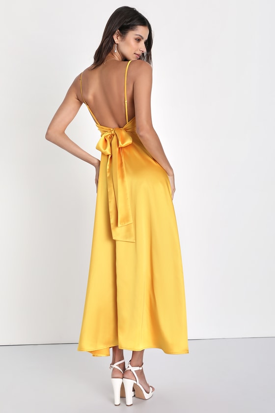 Lulus Always Audacious Marigold Yellow Satin Tie-back Midi Dress