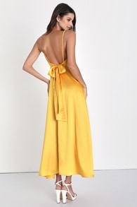 Always Audacious Marigold Yellow Satin Tie-Back Midi Dress