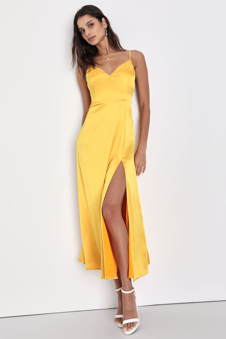 Yellow Bridesmaid Dress - Satin Midi Dress - Tie-Back Midi Dress - Lulus Yellow Bridesmaid Dress - Satin Midi Dress - Tie-Back Midi Dress - Lulus