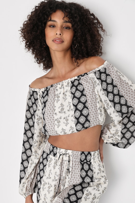 Eccentric Essence Ivory Multi Boho Print Off-the-Shoulder Top