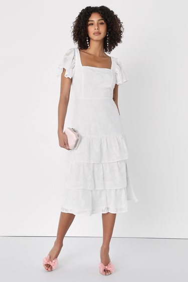 Loveliest Feeling White Floral Jacquard Tie-Back Midi Dress