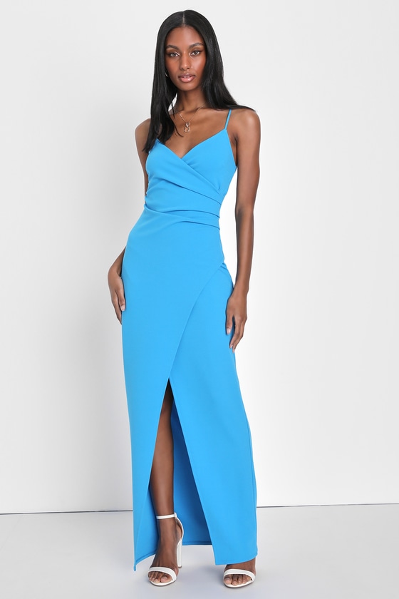 Lulus Sweetest Admirer Blue Ruched Surplice Maxi Dress