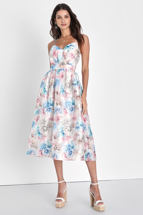 Refined Eloquence Mauve Multi Floral Jacquard Midi Dress