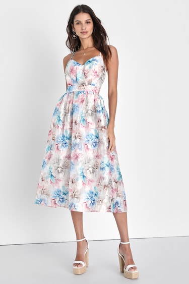 Refined Eloquence Mauve Multi Floral Jacquard Midi Dress
