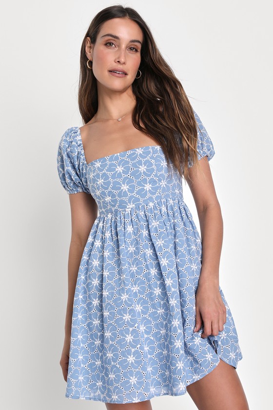 Lulus Fit To Frolic Blue Eyelet Lace Puff Sleeve Babydoll Dress