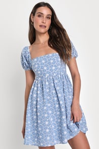 Fit to Frolic Blue Eyelet Lace Puff Sleeve Babydoll Dress