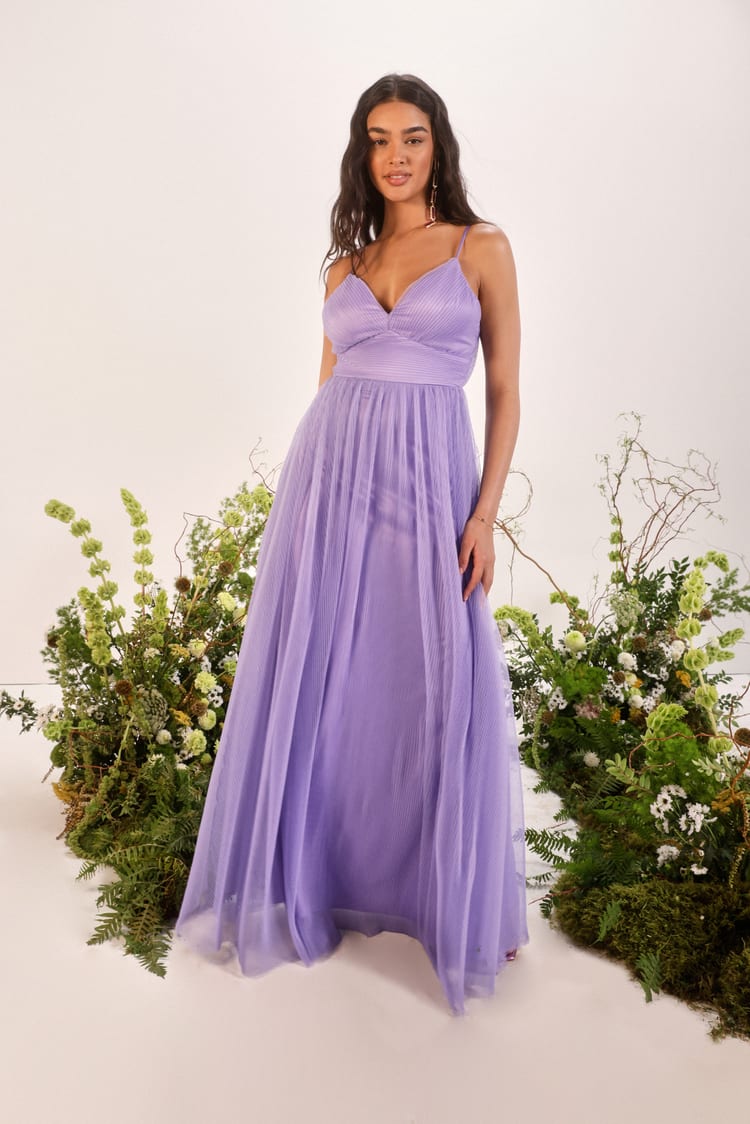 Purple Angelic Entrance Lavender Pleated Tulle Maxi Dress | Womens | Small (Available in XS, M, L, XL) | 100% Polyester | Lulus | Some Stretch