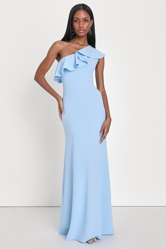 Lulus Last Forever Powder Blue One-shoulder Ruffle Maxi Dress