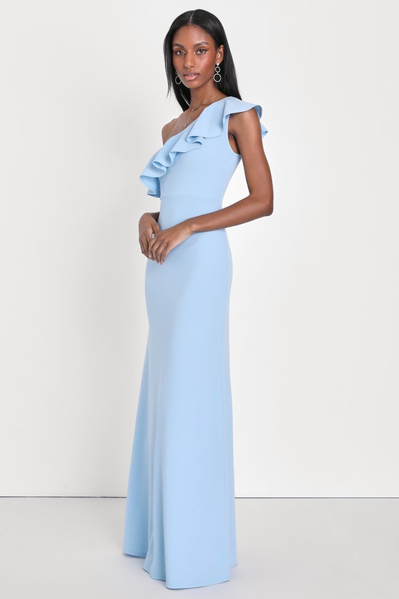 Last Forever Powder Blue One-Shoulder Ruffle Maxi Dress