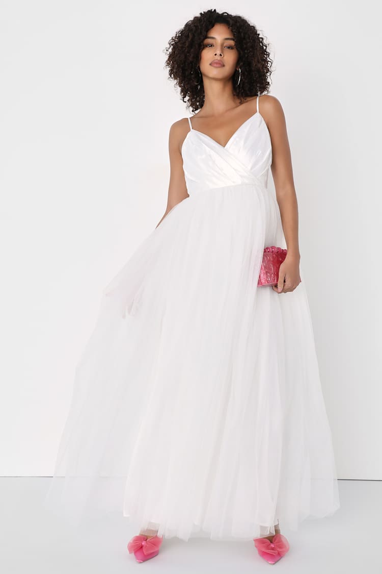 White A-Line Dress - Silver Glitter Dress - Tulle Maxi Dress - Lulus