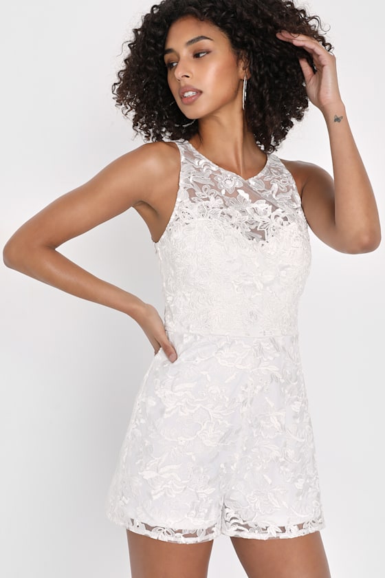 Irresistible Perfection White Lace Embroidered Sleeveless Romper 1