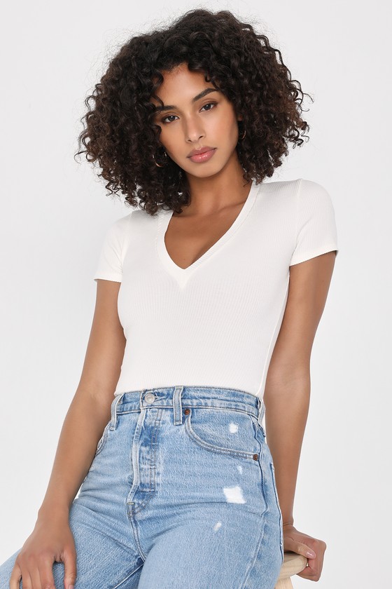 Ivory Ribbed Knit Bodysuit - V-Neck Bodysuit - Short Sleeve Top - Lulus