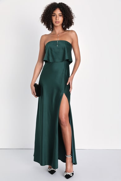 Green Satin Midi Dress - Twist-Front Dress - Strapless Slip Dress - Lulus