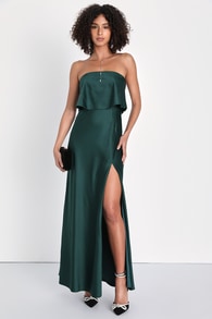 Alluring Behavior Emerald Green Satin Strapless Maxi Dress