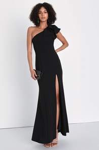 Dramatic Elegance Black Ruffled One-Shoulder Mermaid Maxi Dress