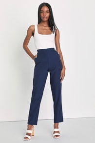 Composed Charm Navy Blue Slim Fit High-Waisted Trousers Pants