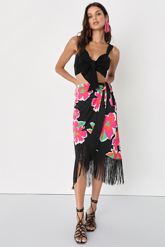 Black Floral Wrap Skirt