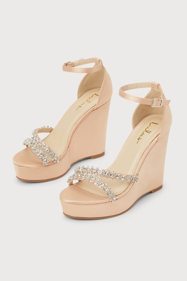 Adondes Rose Gold Satin Rhinestone Ankle Strap Wedge Sandals