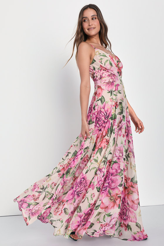 Pink Floral Print Dress - Surplice Maxi Dress - Sleeveless Dress - Lulus